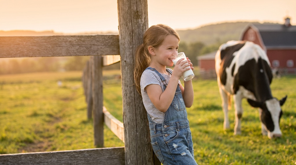 A young girl drinking a glass of real milk