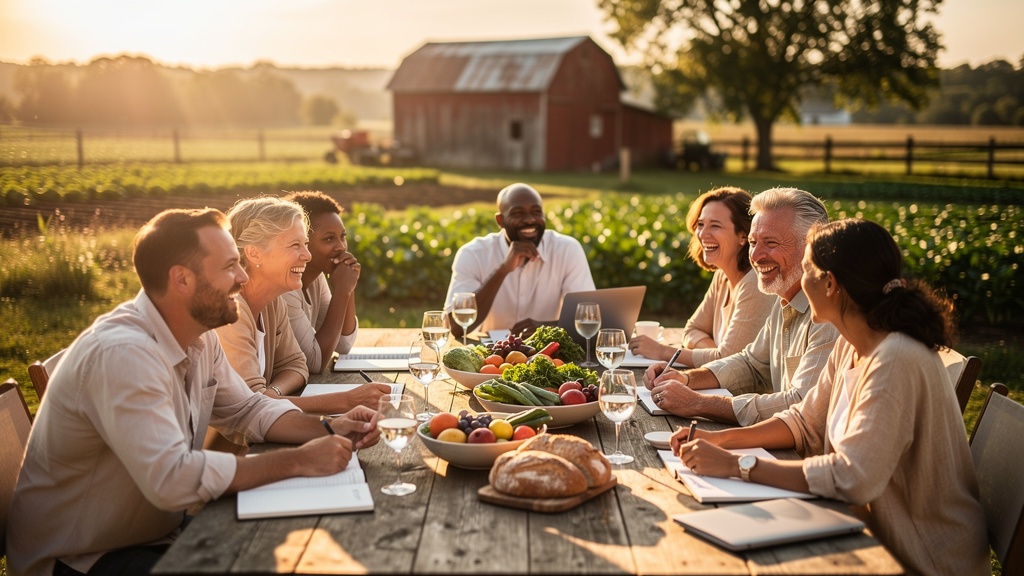 Triada team gathered around a table on a farm